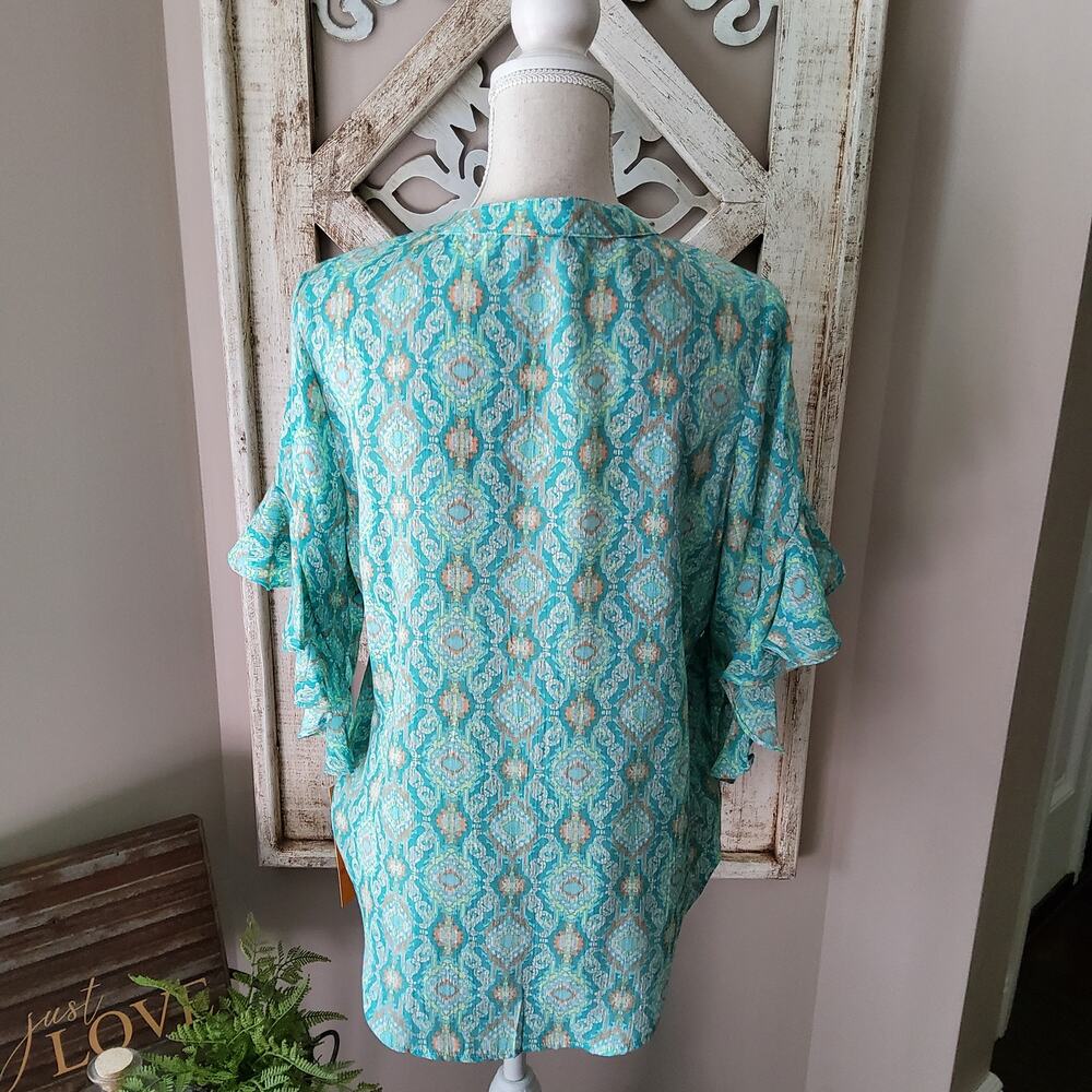 Ruby Rd Ikat Ruffle Sleeve Blouse Small Boho Retro Lightweight Top - Picture 7 of 12